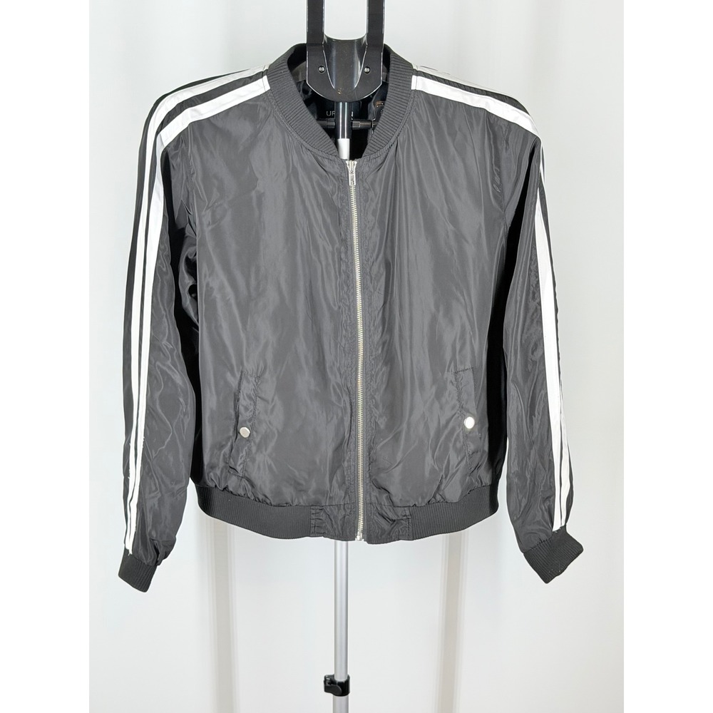 Urban Retro Womens XL Black Bomber Jacket White Sleeve Stripes Full Zip Light